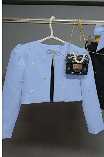 Riccotarz Kız Çocuk Üzeri Taş İşlemeli Etek Askılı Penye Bluz ve Mavi Blazer Ceket Etekli Takım