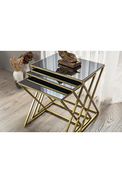 Onurdesign Venedik Metal Gold Füme Cam Aynalı Zigon Sehpa