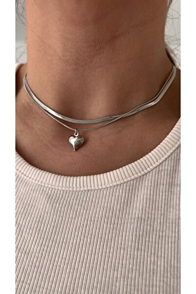 Vi store Silver Italyan Zincir Ve Bombeli Kalp Kolye Seti