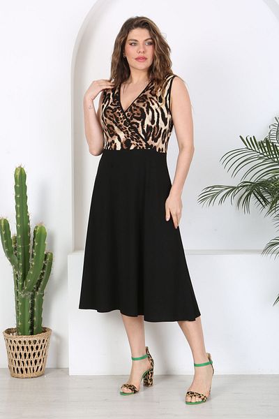 Madwilo Μαύρο Leopard Print - Γυναικείο μάξι φόρεμα με διπλό στήθος με λεπτομέρεια Piping
