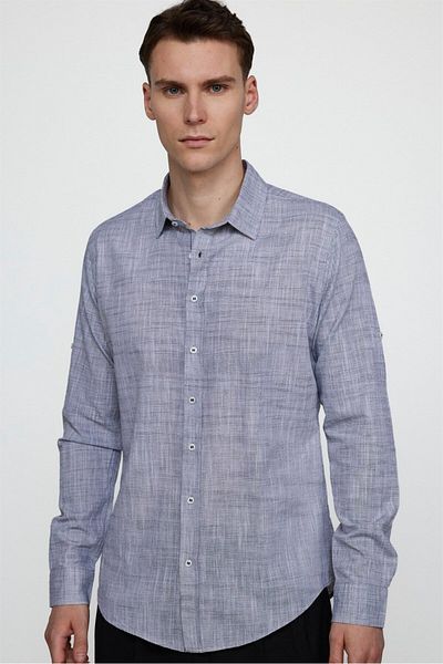 Tudors Μπλε Navy Slim Fit Epaulet πουκάμισο - Μακρύ μανίκι, 100% βαμβακερό λινό, λεπτομέρεια επωμίδα