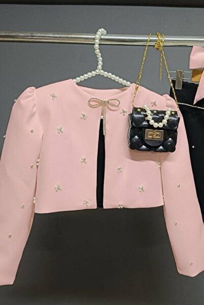 Riccotarz Girl's - Stone Embroidered Skirted Strappy Blouse and Powder Blazer Jacket Set