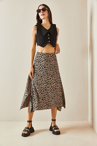 XHAN Asymetrická hnědá sukně s leopardím vzorem – 5YXK7-48595-18