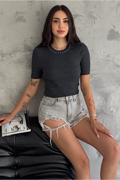 FEMELLE Anthracite Jewelled Thin Knitwear Blouse - Women's, Short Sleeve, Standard Size