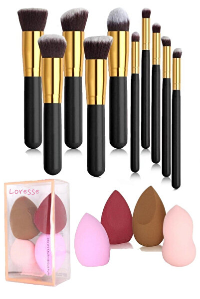 Loresse 10 قطع من فرشاة المكياج السوداء - 4 قطع من فرشاة ظلال العيون الاحترافية لإسفنجة أحمر الخدود