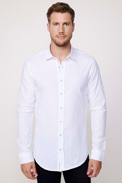 Tudors Λευκό Slim Fit Epaulettes πουκάμισο - Μακρυμάνικο, 100% βαμβακερό λινό, επωμίδες