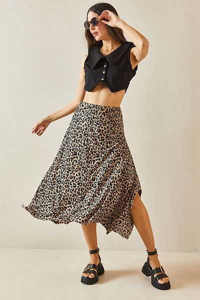 XHAN Asymmetrischer Rock mit Leopardenmuster in Braun - 5YXK7-48595-18