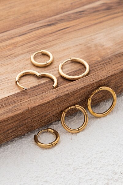 ByFlorya Jewelry Çelik Halka Küpe Kararmaz 3 Boy 1.2cm-1.4cm-1.6cm Altın Kaplama