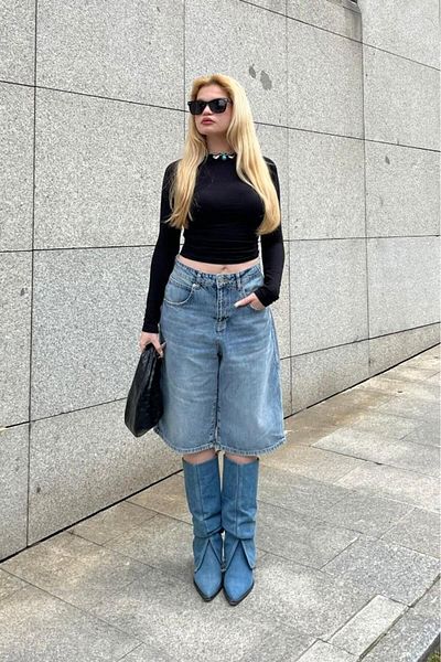 Bases Bermudă albastru din denim cu tăietură largi