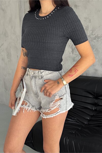 FEMELLE Anthracite Jewelled Thin Knitwear Blouse - Women's, Short Sleeve, Standard Size