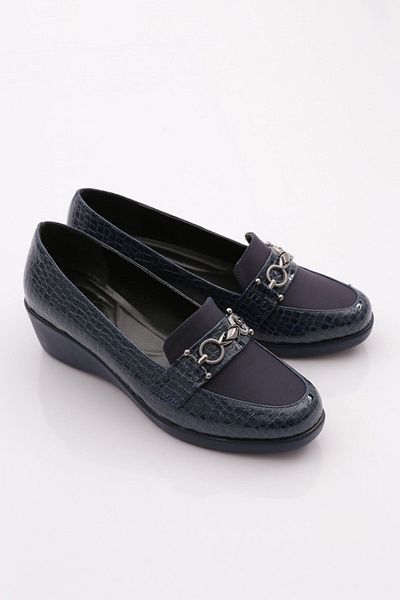 DGN Women's Front Metal Accessory Wedge Heeled Shoes Navy Blue Crocodile 341823648
