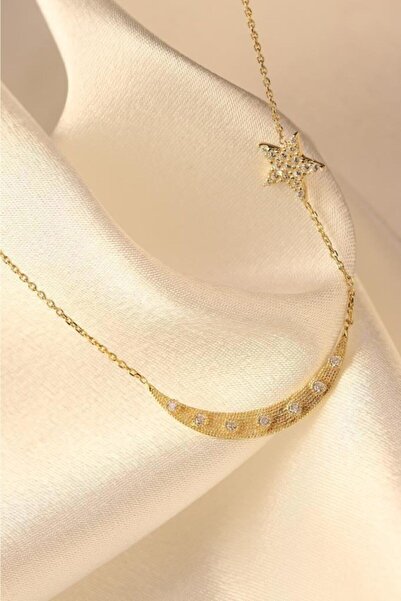 In Love Kadın Sarı Taşlı Ay Yıldız Gümüş Kolye