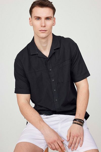 Tudors Men's Black Shirt - Comfortable Fit, Short Sleeve, 100% Cotton Linen, Apple Collar