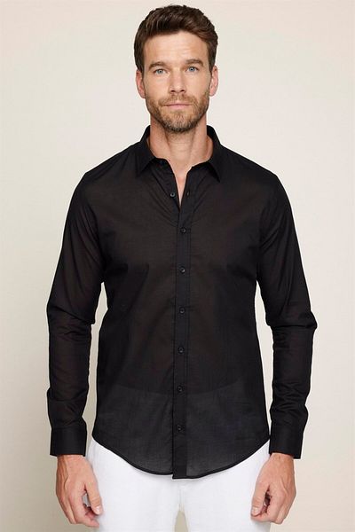 Tudors Μαύρο Slim Fit Ανδρικό πουκάμισο - Μακρύ μανίκι, 100% βαμβακερό λινό