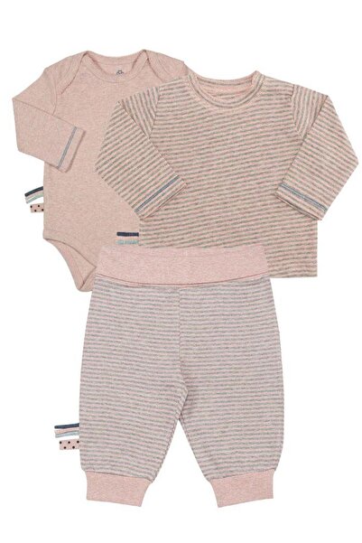 Organik Uzun Kollu Body, T-shirt,Beli Katlamalı Pantolon , 3'lu Set , Rose Melanj