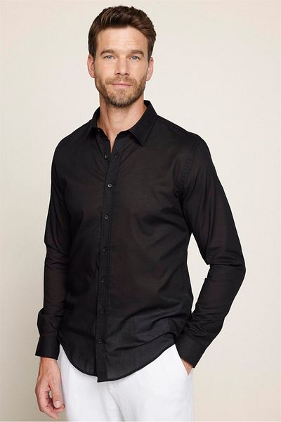 Tudors Μαύρο Slim Fit Ανδρικό πουκάμισο - Μακρύ μανίκι, 100% βαμβακερό λινό