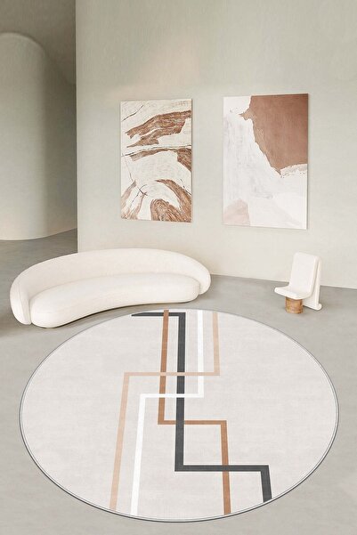 West Home Makinede yıkanabilir kaymaz taban leke tutmaz bej yuvarlak mutfak h...