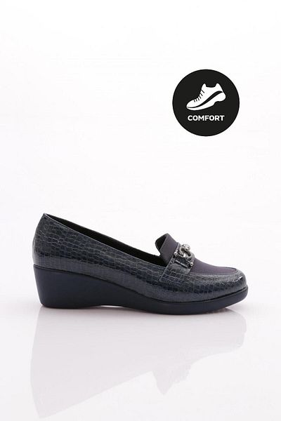 DGN Women's Front Metal Accessory Wedge Heeled Shoes Navy Blue Crocodile 341823648