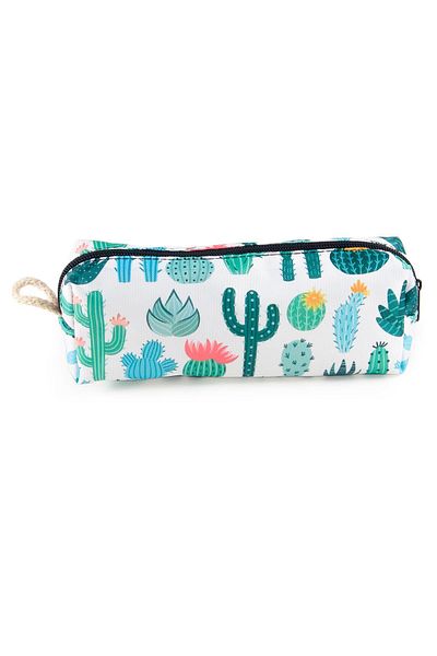 AlpCollection Green and White Cactus Patterned Zippered Makeup Bag