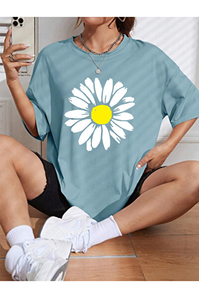 Wish BF Kadın Papatya Özel Baskılı Renkli Oversize Penye Pamuklu Bisiklet Yaka T-Shirt