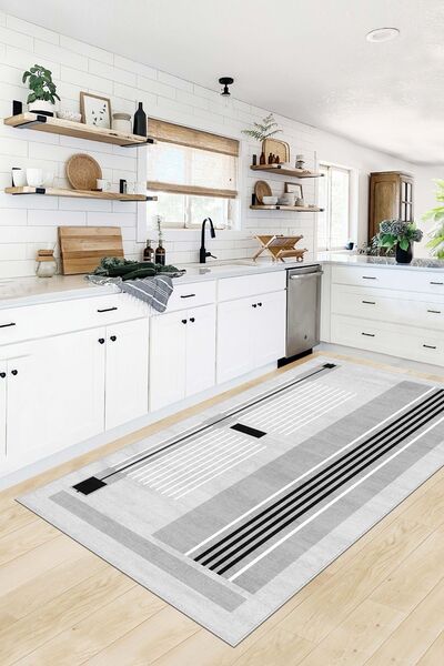 West Home Makinede Yıkanabilir Kaymaz Taban Leke Tutmaz Gri Çizgili Salon Hal...