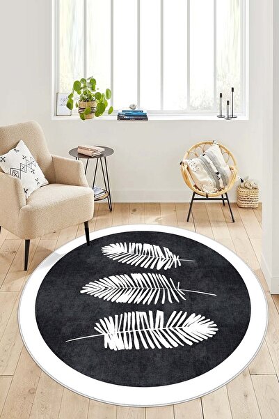 West Home Dijital Baskı Yıkanabilir Kaymaz Taban Siyah Yuvarlak Salon Halısı ...