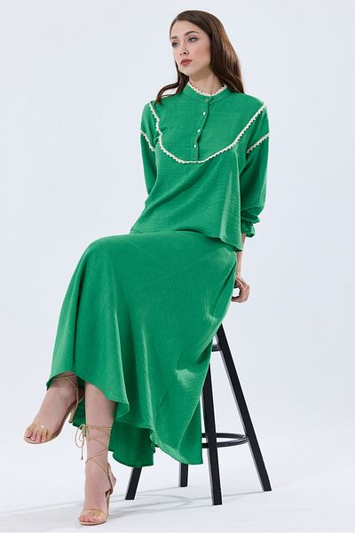 MD trend Linen Set - High Collar, Scallop Detailed Blouse and Flared Skirt