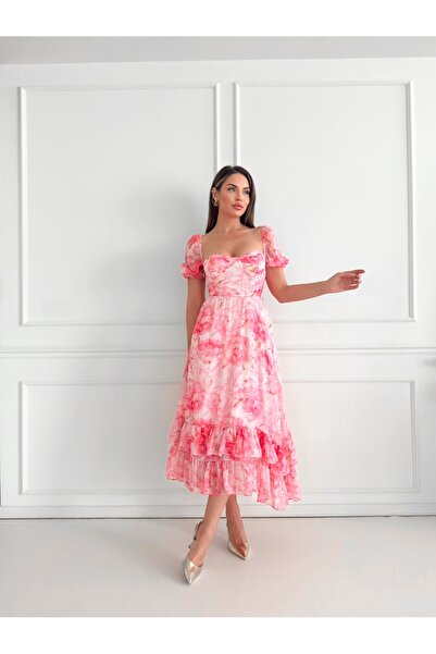 ESRAHELVACI Pink Floral Pattern - Ruffle Bottom Dress