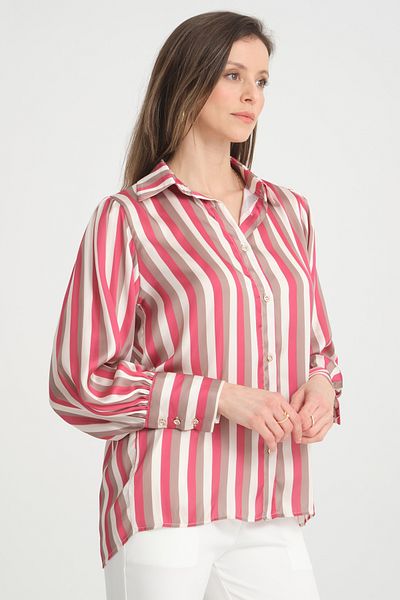 MD trend Cămașă de damă din satin cu dungi oversize, cu mâneci balon și cu detaliu adunat