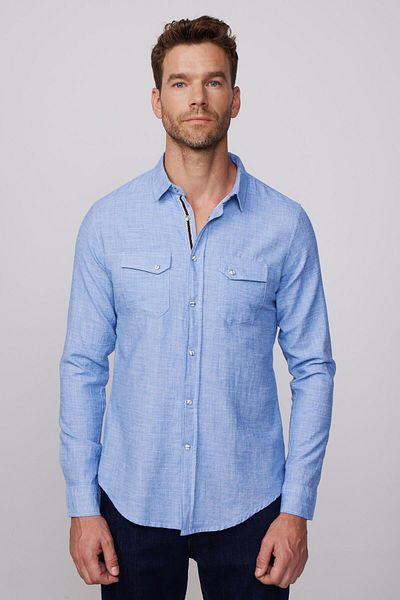 Tudors Cămașă albastră Slim Fit - mânecă lungă, in 100% bumbac, buzunar dublu