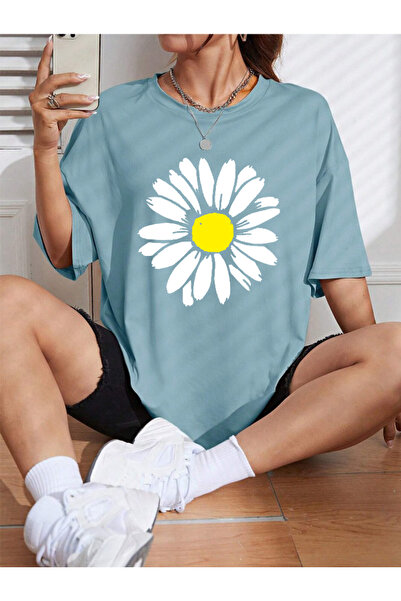 Wish BF Kadın Papatya Özel Baskılı Renkli Oversize Penye Pamuklu Bisiklet Yaka T-Shirt