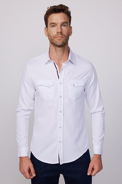 Tudors Λευκό Slim Fit πουκάμισο - Μακρύ μανίκι, 100% βαμβακερό λινό, διπλή τσέπη