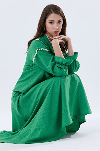 MD trend Linen Set - High Collar, Scallop Detailed Blouse and Flared Skirt