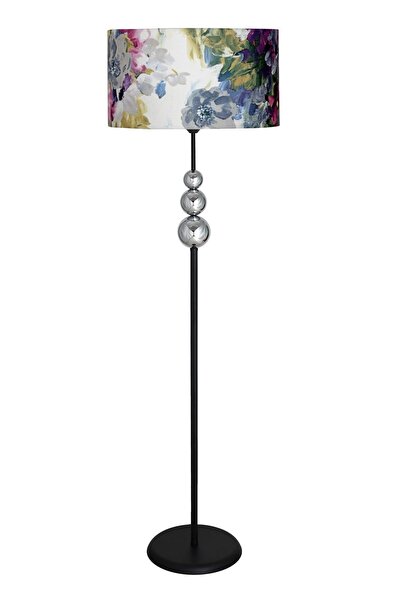 Vinner Üçlü Krom Küre Tek Ayaklı Siyah Metal Lambader - Gül Desenli