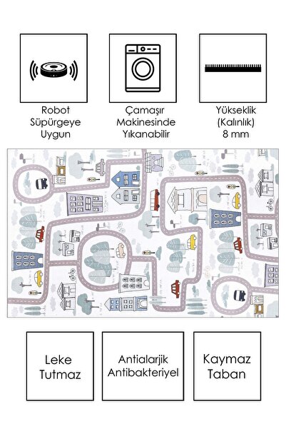 West Home Makinede Yıkanabilir Kaymaz Taban Leke Tutmaz Yol Desenli Halı Bebek Ve Çocuk Halısı Oyun Matı
