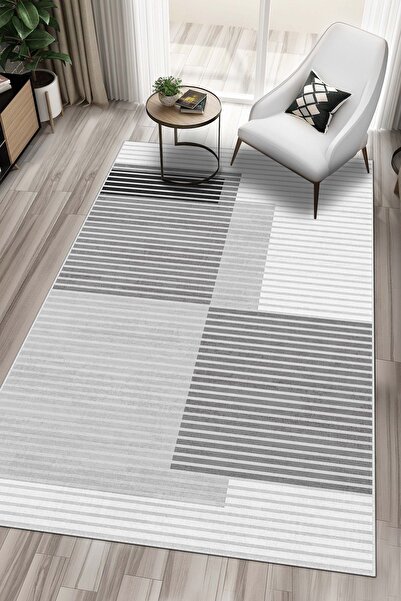 West Home Makinede Yıkanabilir Kaymaz Taban Leke Tutmaz Gri Çizgili Salon Hal...
