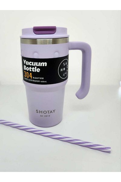 Shotay ST-8169 Model Lilac Handle Mug - 680ml, Thermos Cup with Straw and No Straw