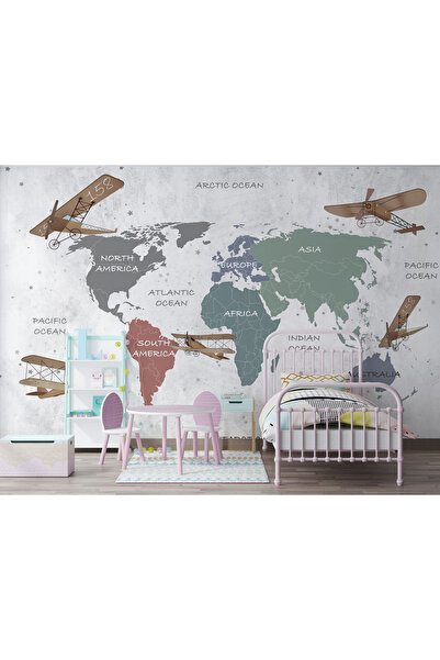 LOTUS AURA Dünya Haritası Duvar Kağıdı Eski Uçaklı Duvar Resmi Çocuk Odası Du...