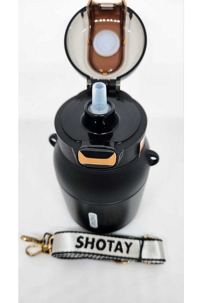 Shotay Dome ST-8081 800ml Black Steel Thermos Flask with Straw - Use Without Straw