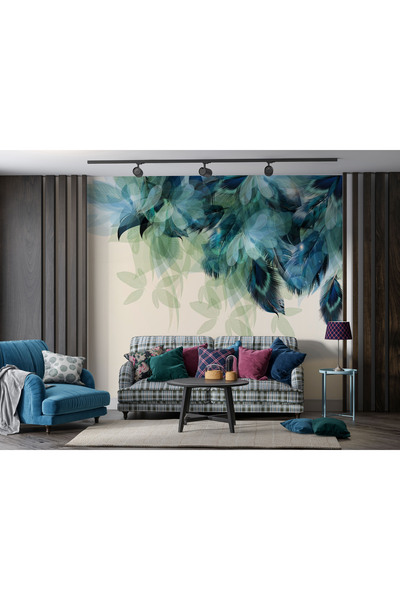 LOTUS AURA Tropikal Orman Duvar Kağıdı Mavi Tonlarında Duvar Resmi Çiçekli  D...