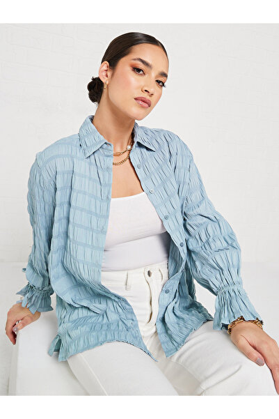 Styli Textured Oversized Longline Shirt with Buttons