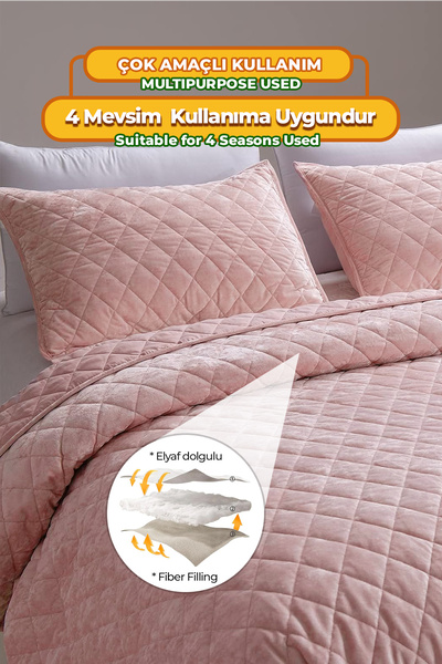 Evlen Home Collection Kadife Yatak Örtüsü Seti Çift Kişilik Supersoft Kapitone 3 Parça Yumuşak Elyaf Dolgulu Pudra
