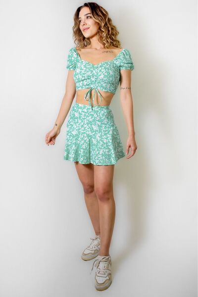ARESMODA Water Green Floral Patterned Women's Shorts Skirt Suit