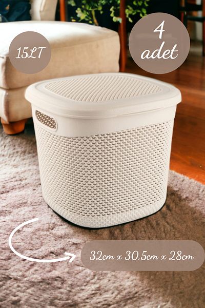 Melkan Home Organizator cu capac de 15 litri - model cu picături, multifuncțional, coș de jucării cremă 4 buc.