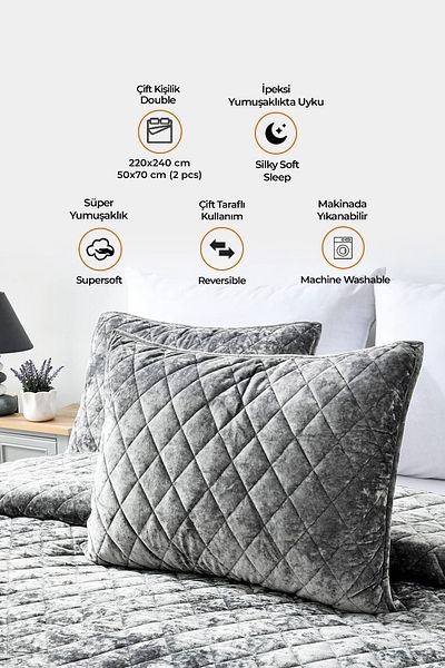 Evlen Home Collection Double Velvet Bed Cover Set - Supersoft Quilted, 3 Pieces, Soft Fiber Filled Gray