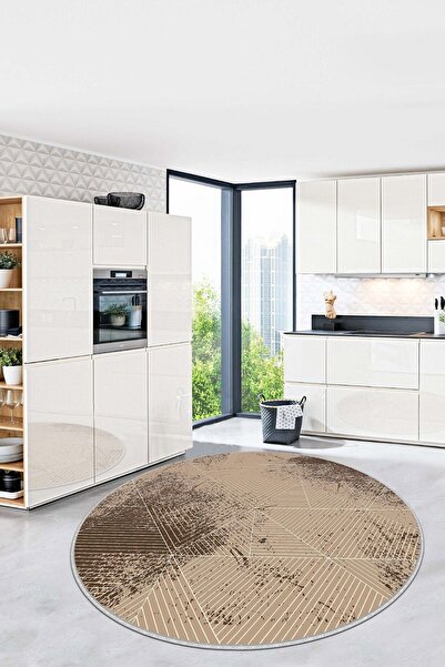 West Home Dijital Baskı Yıkanabilir Kaymaz Taban Leke Tutmaz Bej Yuvarlak Mut...