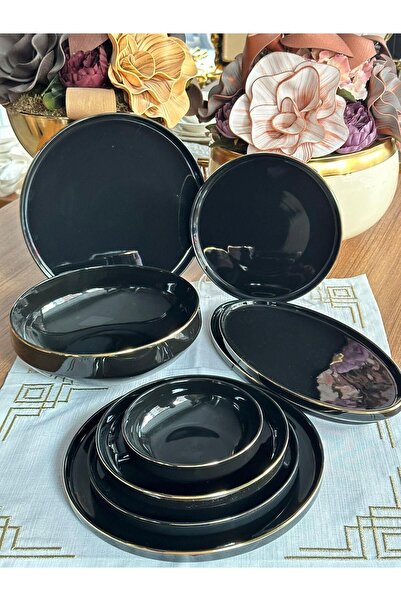 MD MİMOZA DEKOR Yemek Takımı 27 Parça 6 Kişilik Siyah Modern