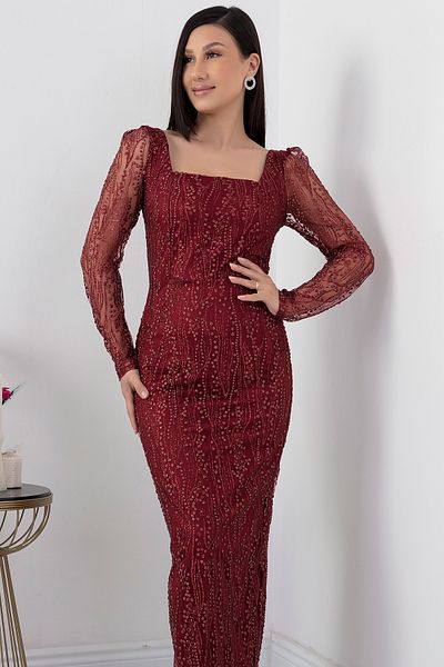 PULLIMM Rochie de seară cu mânecă lungă, guler pătrat, argintiu - 39860