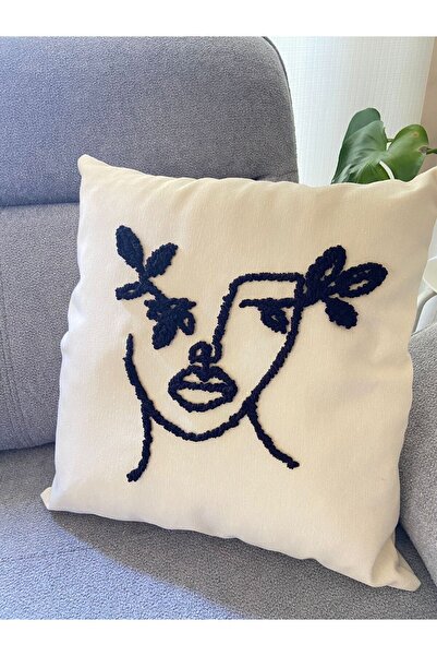 La Vivi Handmade Face Figured One Line Art Punch - 42X42 cm Throw Pillow Pill...