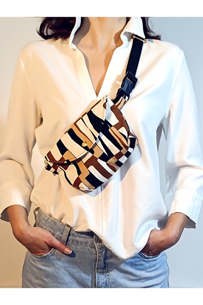 minart design Abstract Tie Dye Coffee Black Patterned Brown Checkered Lining Mini Bag Waist Bag